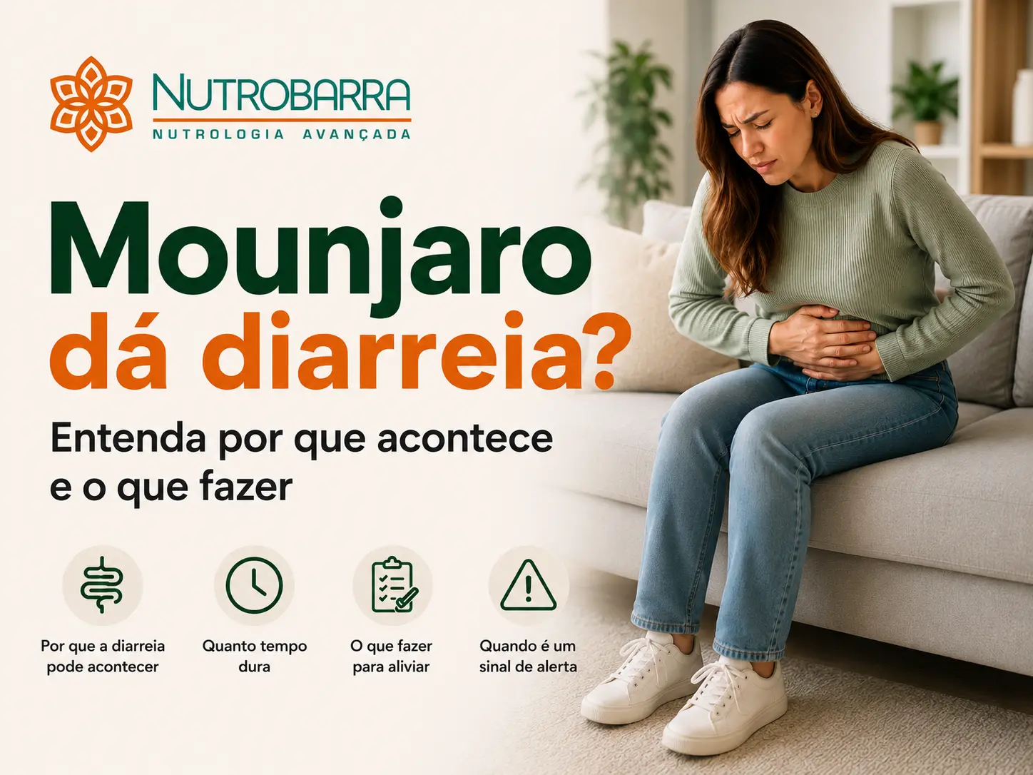 Mulher com desconforto abdominal em imagem sobre diarreia que pode ter sido causada pelo Mounjaro