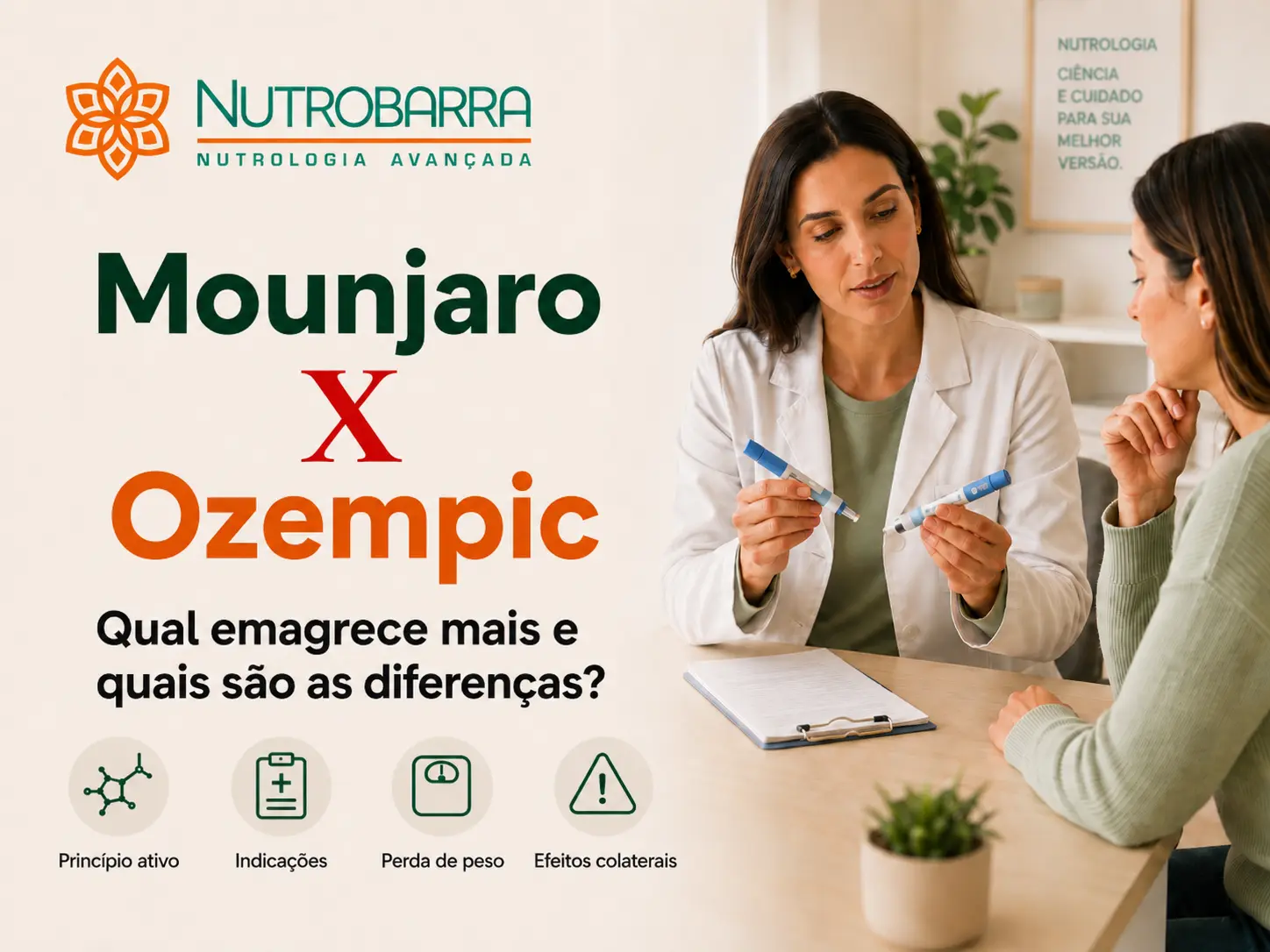 Médica comparando Mounjaro X Ozempic em consulta, em imagem sobre qual emagrece mais e quais são as diferenças