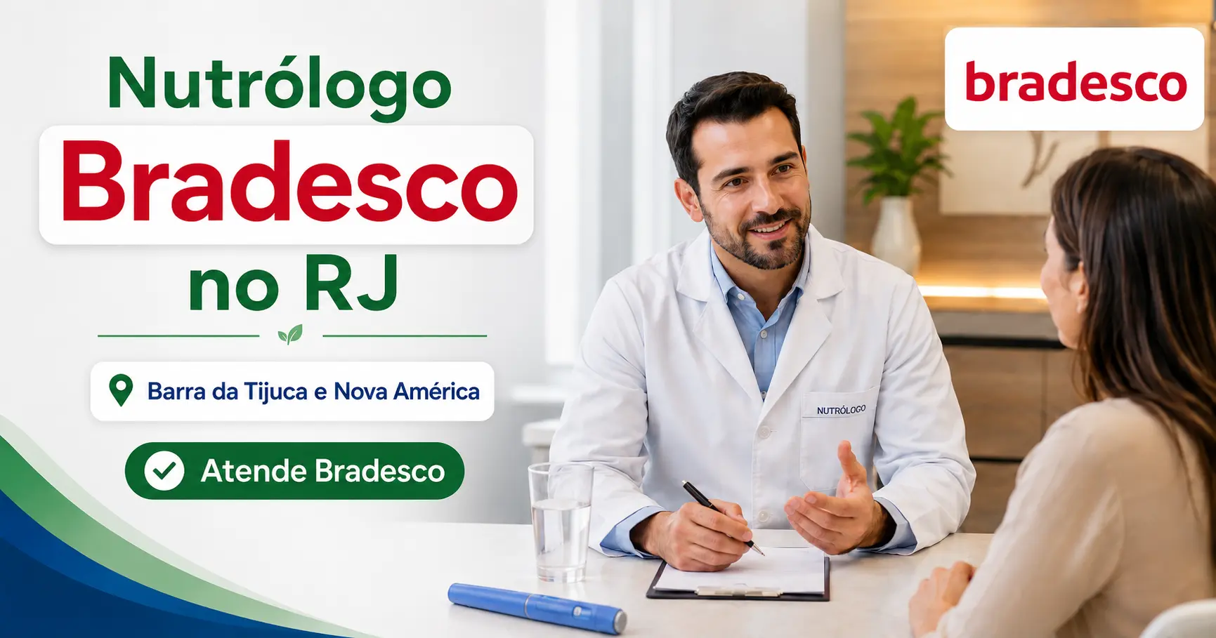 Médico em consulta com paciente na Clínica Nutrobarra, com atendimento pelo Bradesco Saúde no Rio de Janeiro