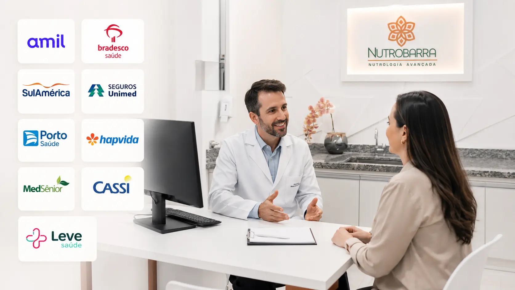 Médico atendendo paciente na Clínica Nutrobarra, com logos dos principais convênios e indicação de Barra da Tijuca e Nova América.