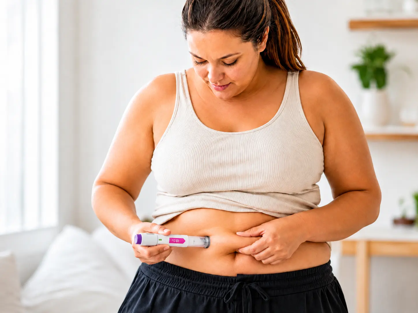 Mulher com sobrepeso aplicando caneta de Mounjaro na barriga