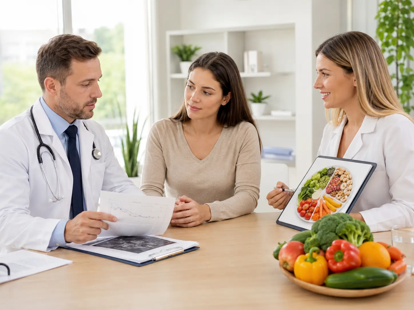 Nutrólogo e nutricionista orientando paciente sobre emagrecimento